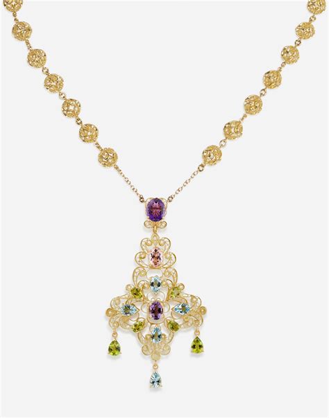 Pizzo necklace in yellow gold filigree with amethysts, 